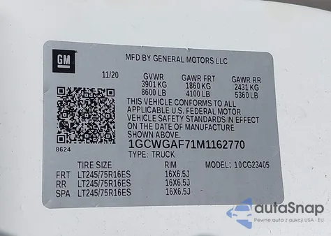 2021 Chevrolet Express Cargo Rwd 2500 Regular Wheelbase Wt из США, поврежденный, VIN 1GCWGAF71M1162770